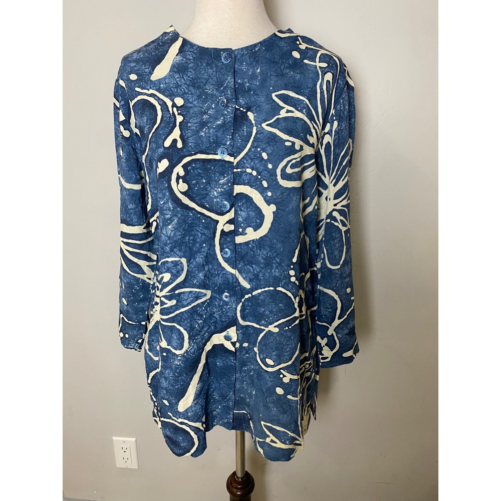 Vintage Jams World Blue Floral Batik Button Front Tunic Top Large 80s 90s